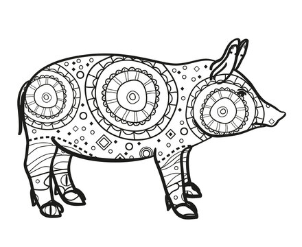 Pig on white. Hand drawn animal with intricate patterns on isolated background. Design for spiritual relaxation for adults. Image for banners, flyers and textiles. Zen art. Zentangle