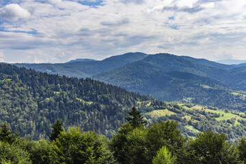 Beautiful panoramic views of the Carpathian Mountains from Uzhotsky pass high peak mountain in Ukrainian Carpathians Mountains