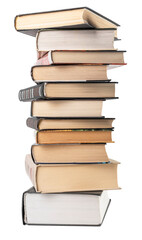 High books stack isolated on white background. Education and reading hobby concept. Big books tower. High quality photo
