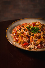 Perfect Pasta Classic Pizza Homemade Artisan Bacon Tomato Sauce Sausage Sweet Melted Cheese Onion Chicken Meat Shrimp Menu Gourmet on a Dark Background