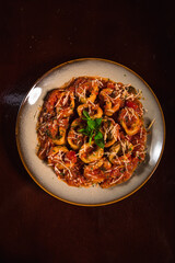 Perfect Pasta Classic Pizza Homemade Artisan Bacon Tomato Sauce Sausage Sweet Melted Cheese Onion Chicken Meat Shrimp Menu Gourmet on a Dark Background