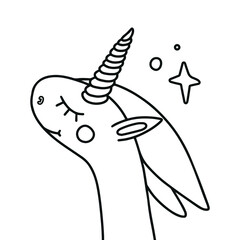 Cute little cartoon unicorn. Black and white vector illustration for children's coloring books