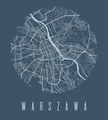 Warsaw city map circle poster. Round circular road aerial view, street map vector illustration. Cityscape area panorama.