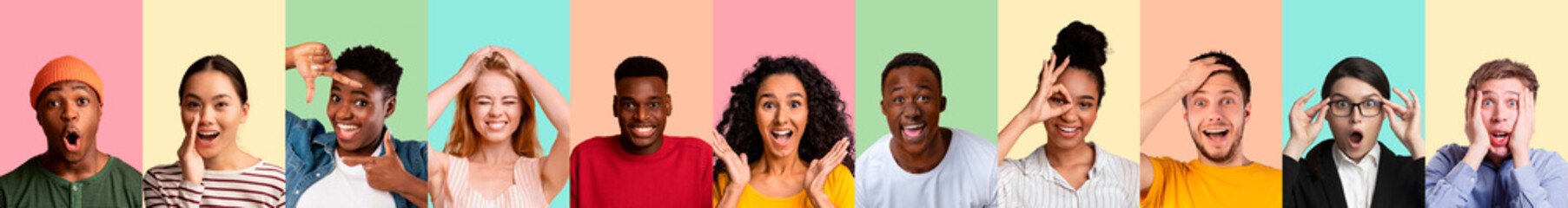 Set of multiethnic millennial people expressing various emotions and feelings