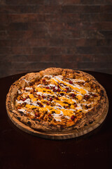 Perfect Pasta Classic Pizza Homemade Artisan Bacon Tomato Sauce Sausage Sweet Melted Cheese Onion Chicken Meat Shrimp Menu Gourmet on a Dark Background