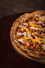 Perfect Pasta Classic Pizza Homemade Artisan Bacon Tomato Sauce Sausage Sweet Melted Cheese Onion Chicken Meat Shrimp Menu Gourmet on a Dark Background
