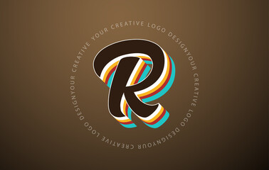 Letter R logo with retro pop art design. Handwritten letter with vintage typeface and rounded text frame.