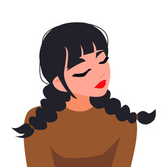 illustration of a girl with cute pigtails, closed eyes, pink lips. Vector people