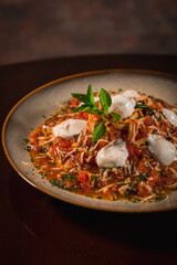Perfect Pasta Classic Pizza Homemade Artisan Bacon Tomato Sauce Sausage Sweet Melted Cheese Onion Chicken Meat Shrimp Menu Gourmet on a Dark Background