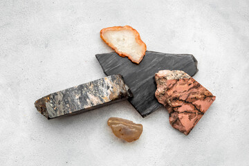 Set of different mineral stones. Natural rocks top view