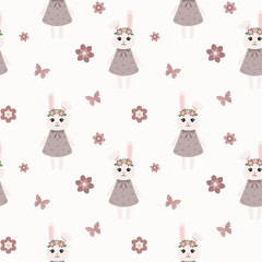 Seamless pattern with bunny in a wreath, flowers. Background for wrapping paper, greeting cards and seasonal designs. Happy Easter Day.