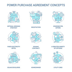 Power purchase agreement turquoise concept icons set. Electrical energy selling. Business relationship idea thin line color illustrations. Isolated symbols. Roboto-Medium, Myriad Pro-Bold fonts used