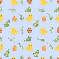 Seamless pattern with baby chicken, eggs and flowers. Background for wrapping paper, greeting cards and seasonal designs. Happy Easter Day.
