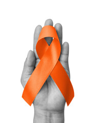 Orange ribbon isolated on white background (clipping path) awareness on leukemia, kidney cancer,...
