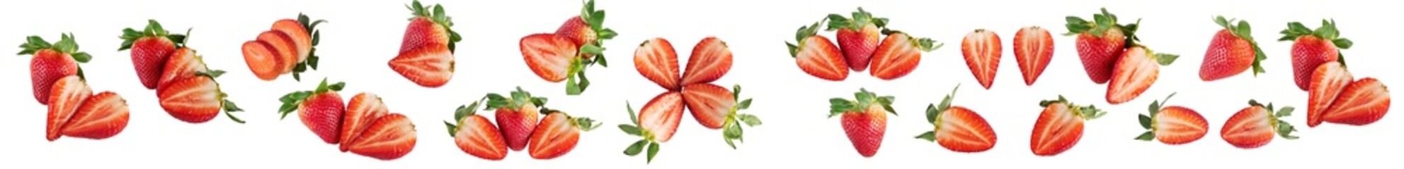 strawberries, sliced and whole strawberries, isolated on a white background
