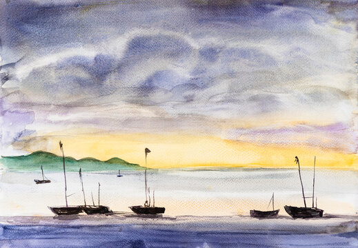 Panorama sea with fising boats on sunset