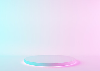Simple, round podium on white background with neon lights. Modern podium for product, cosmetic presentation. Mock up. Pedestal or platform for beauty products. Empty scene. 3D rendering.