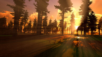Dinosaurs during Jurassic period in forest while sunrise. Extremely detailed and realistic 3d illustration