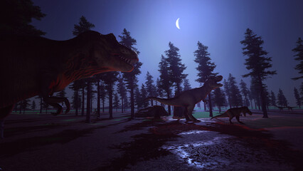 Dinosaurs during Jurassic period in forest while sunrise. Extremely detailed and realistic 3d illustration © Sasa Kadrijevic