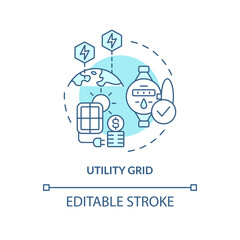 Utility grid turquoise concept icon. Solar energy system. Power purchase agreements abstract idea thin line illustration. Isolated outline drawing. Editable stroke. Arial, Myriad Pro-Bold fonts used