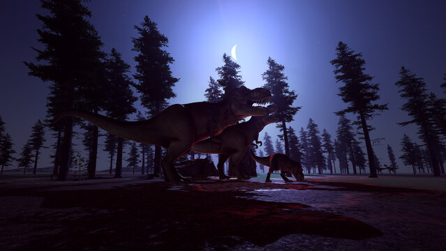 Dinosaurs during Jurassic period in forest while sunrise. Extremely detailed and realistic 3d illustration