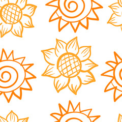 Sunflowers Seamless pattern isolated on white. Floral background for fabric textile, wallpaper, banner, scrapbook. Vector texture