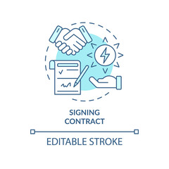 Signing contract turquoise concept icon. Business deal. Power purchase agreement work abstract idea thin line illustration. Isolated outline drawing. Editable stroke. Arial, Myriad Pro-Bold fonts used