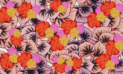 Colorful tropical flower and leaves  watercolor digital painting  ,abstract  spring  ,summer nature background