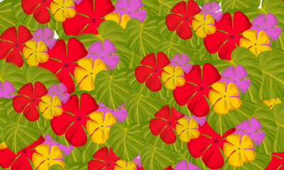 Fototapeta na wymiar Colorful red ,yellow and pink tropical flower with green leaves hand drawn watercolor digital painting wallpaper design background