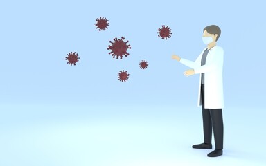 3DCG　白衣を着た医師が驚く、コロナウイルスの感染拡大のイメージ