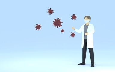 3DCG　白衣を着た医師が驚く、コロナウイルスの感染拡大のイメージ