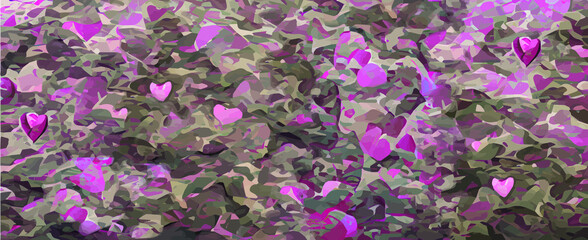 Abstract camouflage vector background with pink hearts. Classic military camouflage in natural green. Love, romance and tenderness for valentine's holiday and defender's day.