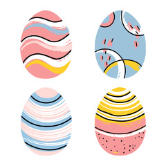 Modern set of 4 painted easter eggs with different ornaments. Good for greeting cards, banners, invitations, flyers.