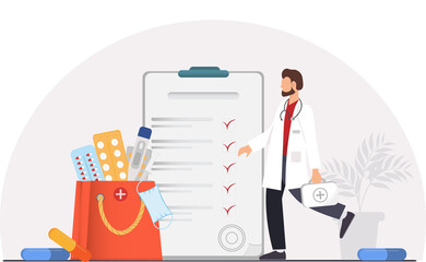 Medical doctor, surgeon or therapist in uniform standing near the pack of medicines, health care concept,flat vector illustration