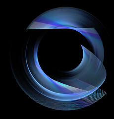 Transparent blue airy, beautifully curved elements create a round frame on a black background. Icon, logo, sign, symbol. Graphic design element. 3d rendering. 3d illustration.