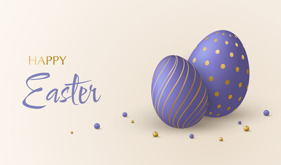 Happy Easter holiday banner. Purple and gold 3d eggs and decorative balls.
