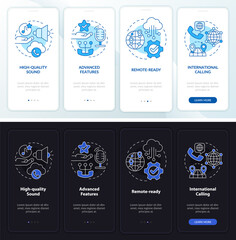 Benefits of VOIP night and day mode onboarding mobile app screen. Service walkthrough 4 steps graphic instructions pages with linear concepts. UI, UX, GUI template. Myriad Pro-Bold, Regular fonts used
