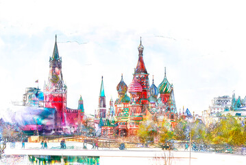 Sketch and Drawing with watercolor of moscow city sunset, St. Basil's Cathedral and Kremlin Walls and Tower in Red square in sunny blue sky. Moscow, Russia, 