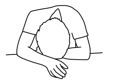 机に突っ伏している男性の線画イラスト