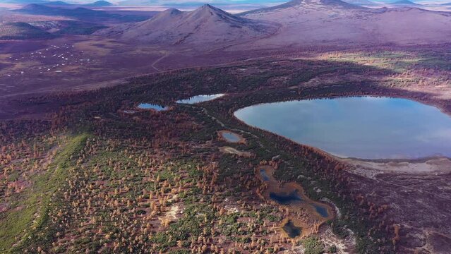 Aerial drone video Autumn landscape in the tundra. Mountains, volcanoes, lakes, colored yellow leaves, bright colors