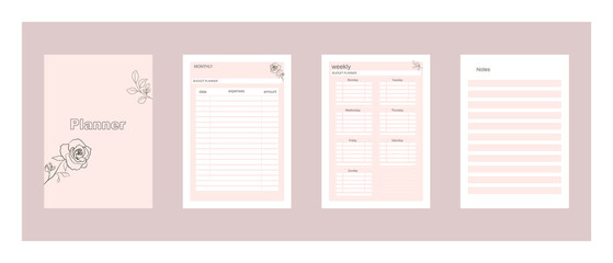 A set of templates. Daily planner, planner, notepad, schedule for income and expenses. A4 format is ready to print for planning your budget. Business and time management.