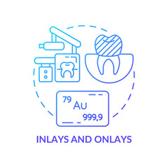 Inlays and onlays blue gradient concept icon. Aesthetic dentistry type abstract idea thin line illustration. Solution for serious dental issues. Isolated outline drawing. Myriad Pro-Bold font used