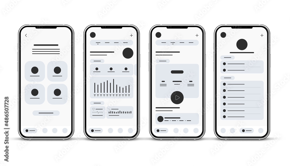 Aufkleber Set of UI UX Wireframes with 3d realistic smartphones, GUI screens any app flat design template for mobile apps, responsive website application wireframes. Web design UI kit.