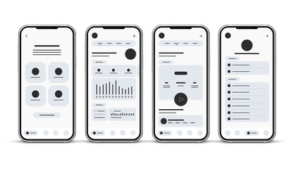 Set of UI UX Wireframes with 3d realistic smartphones, GUI screens any app flat design template for mobile apps, responsive website application wireframes. Web design UI kit. - obrazy, fototapety, plakaty