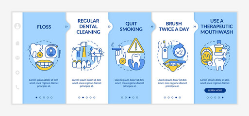 Periodontal disease prevention blue onboarding template. Regular cleaning. Responsive mobile website with linear concept icons. Web page walkthrough 5 step screens. Lato-Bold, Regular fonts used