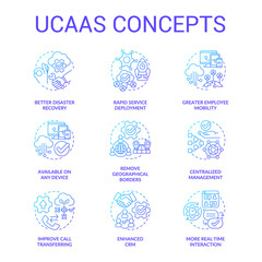 UCaaS blue gradient concept icons set. Cloud delivered unified communications model. Customer service idea thin line color illustrations. Isolated symbols. Roboto-Medium, Myriad Pro-Bold fonts used