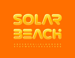 Vector creative Logo Solar Beach. Glossy Yellow Font. Modern Alphabet Letters and Numbers set.