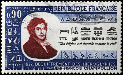 Archaeologist Jean-Francois Champollion on french postage stamp - obrazy, fototapety, plakaty