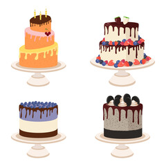 Cartoon Cakes. Colorful delicious desserts, birthday cake with birthday candles and pieces of chocolate and berries, holiday decorations. vector set