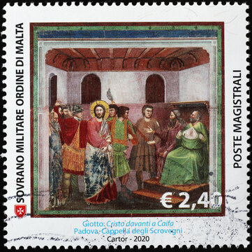 Christ in front of Caiaphas by Giotto on postage stamp